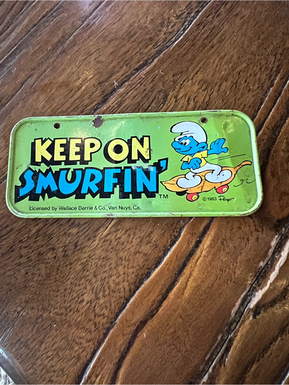 Vintage 1983 Smurfs Tin License Plate/plaque/bicycle trinket shelf
